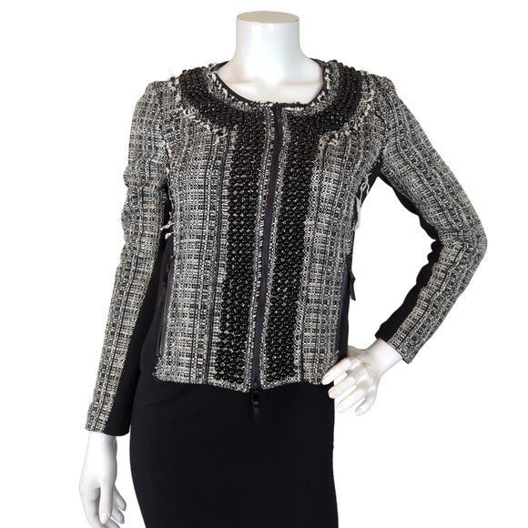 Milly Black and White Punk Distressed Tweed Blazer Jacket - Picture 3 of 15